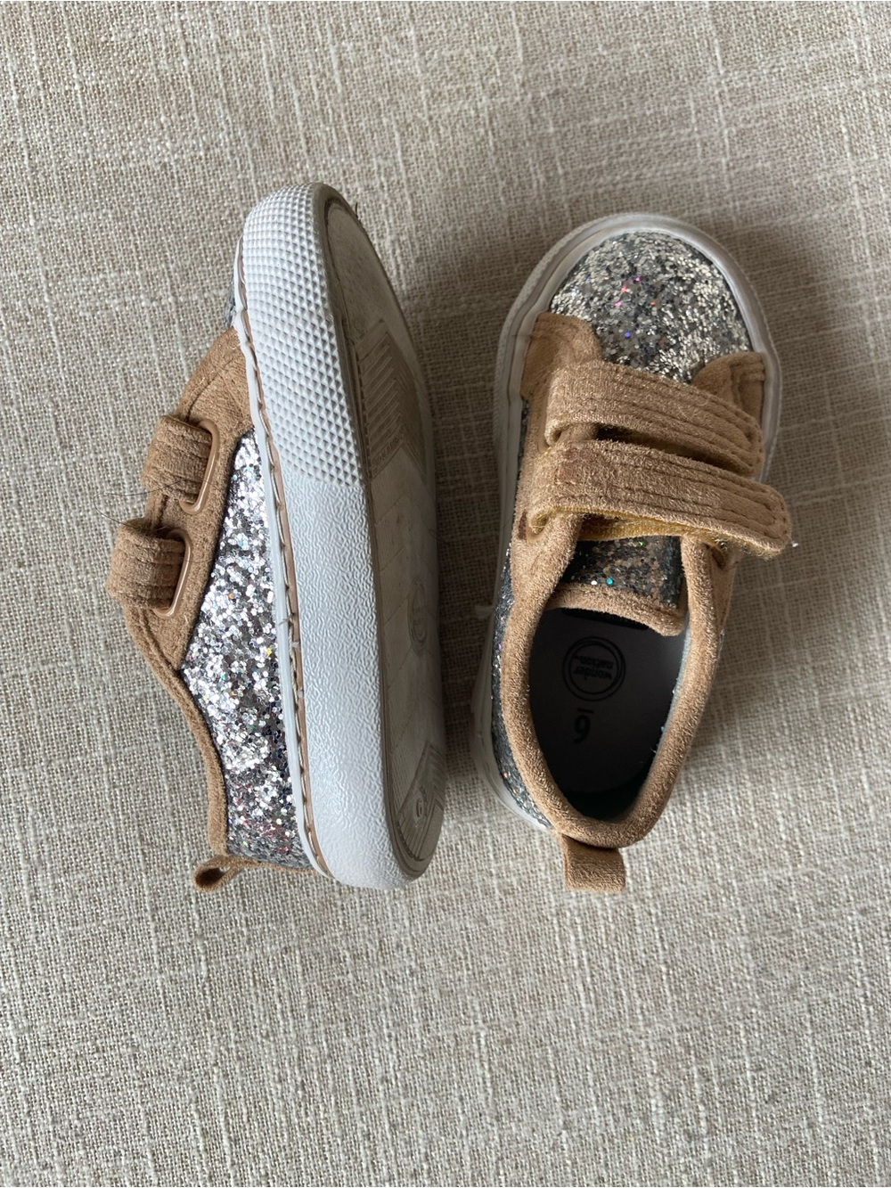 Kids Glitter Sneaker in Tan and Silver - Velcro Closure